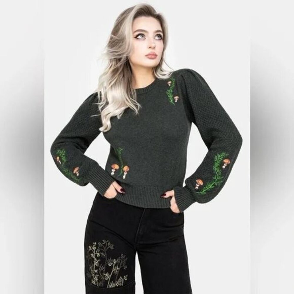 Disturbia Fable Forest Green Mushroom Embroidered Fairy Pullover Sweater SZ M
